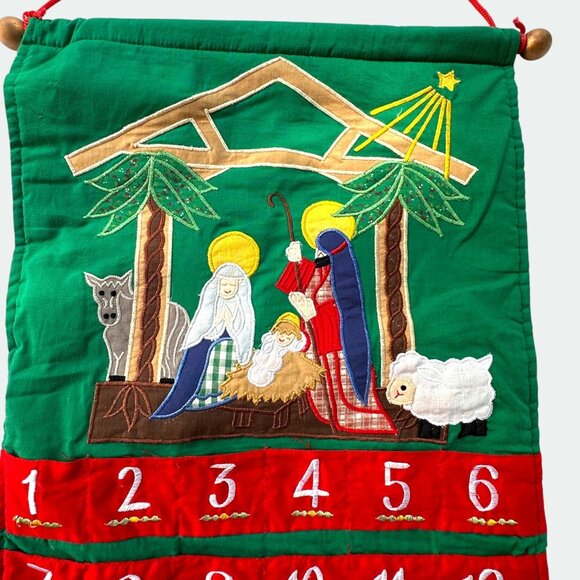 Vintage Nativity Scene Fabric Advent Calendar With Pockets & Red Hanging Cord - Picture 3 of 9